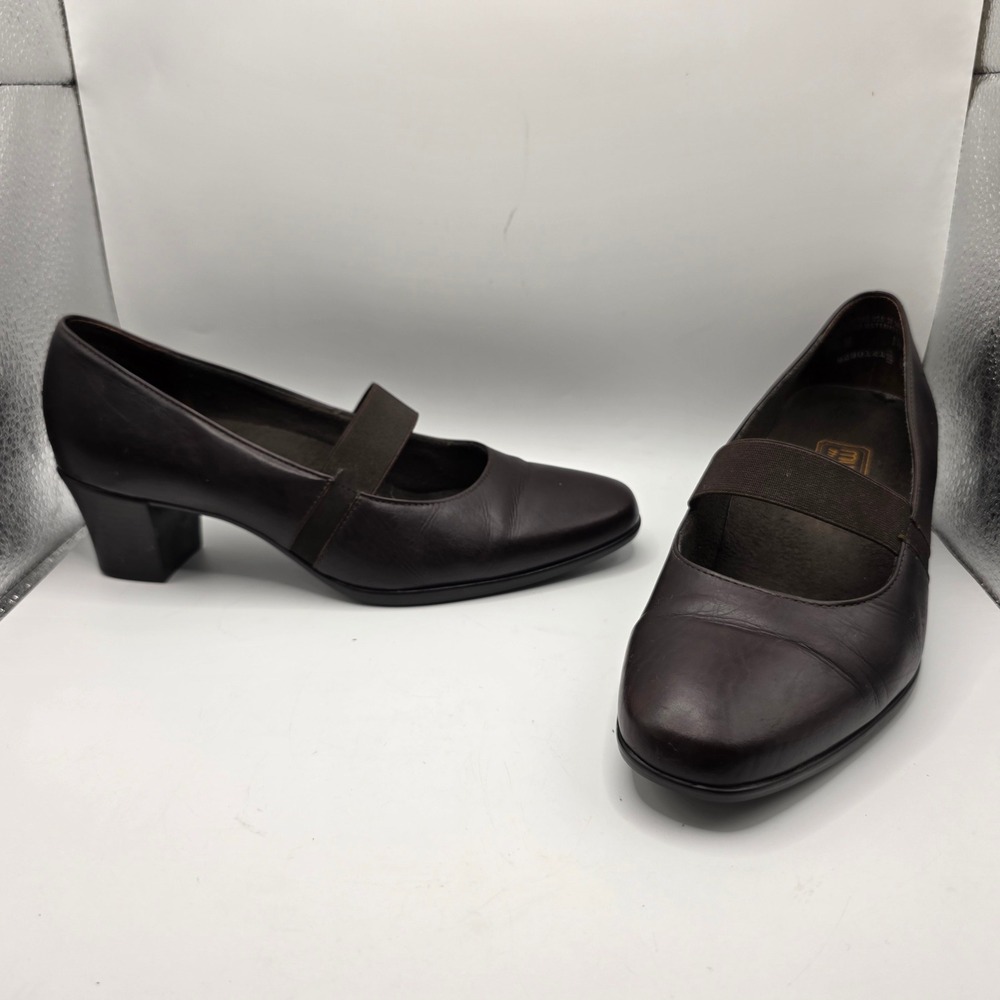 Munro American Brown Leather Mary Jane Block Heel Pumps Shoes 7.5 W M290121